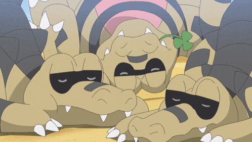 a group of cartoon alligators with masks on laying on the ground