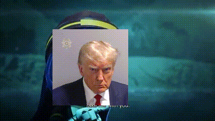 a man in a suit and tie holds a picture of donald trump