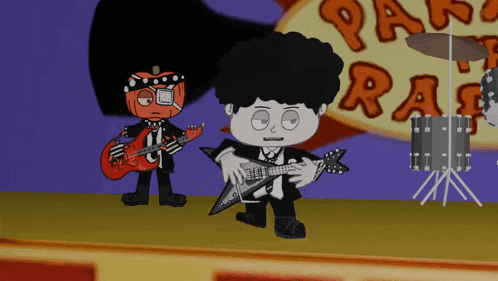 a cartoon character playing a guitar in front of a sign that says parade