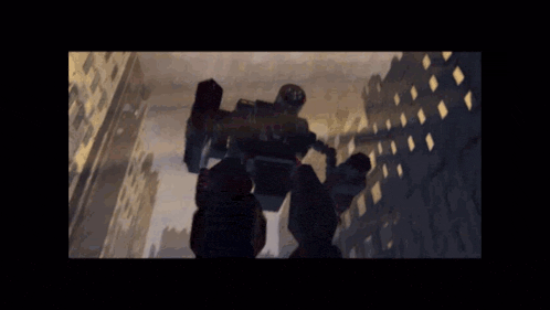 a robot is flying through a city with a few people standing around it