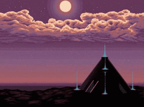 a pixel art image of a pyramid with a full moon in the background