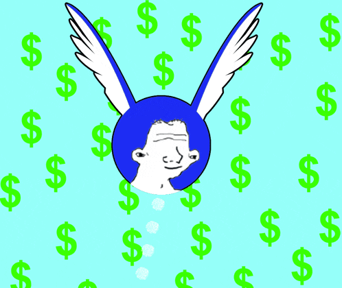 a cartoon of a man with wings and dollar signs around him