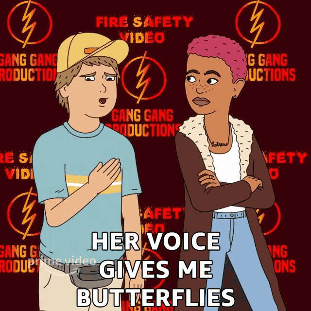 a cartoon of a man and a woman standing next to each other with the caption her voice gives me butterflies