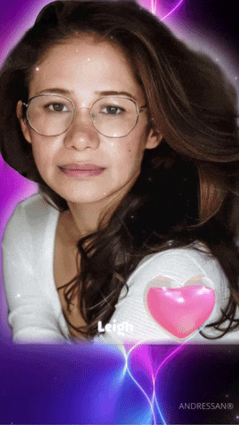 a picture of a woman with glasses and the name leigh on it