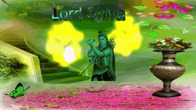 a painting of lord shiva surrounded by flowers