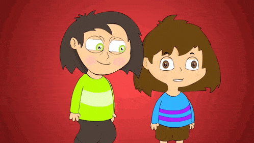 two cartoon characters are standing next to each other and one has a green eye
