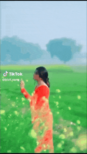 a woman in a red dress is standing in a field with flowers flying around her