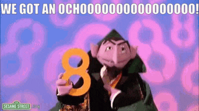 a sesame street character holding a number 8