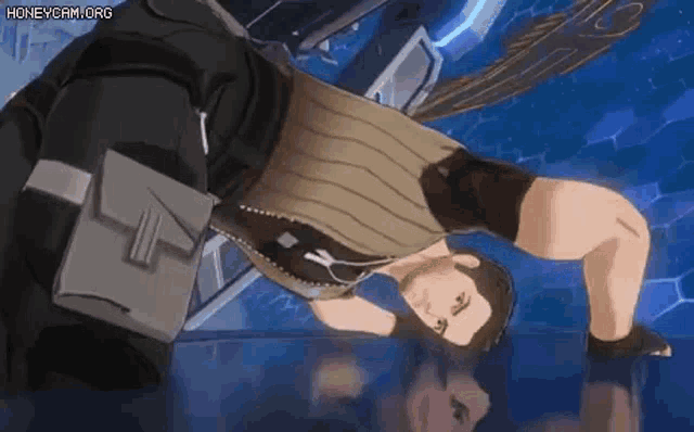 a man is doing a handstand in a video game while wearing headphones .