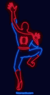 a neon sign of a superhero with the letter o on his chest