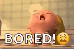 a cartoon baby with a sad face and the words `` bored '' written on it .