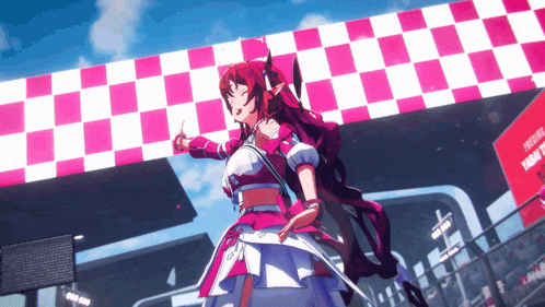 a girl in a pink and white dress is standing in front of a checkered wall that says yamaguchi