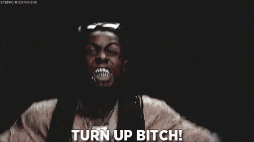 a man wearing sunglasses is making a funny face and saying `` turn up bitch ! ''