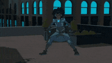 a cartoon character is standing in front of a building with a blue light coming out of his butt