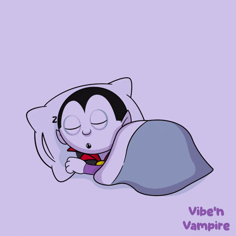 a cartoon of a vampire sleeping on a pillow with the words vibe 'n vampire below it