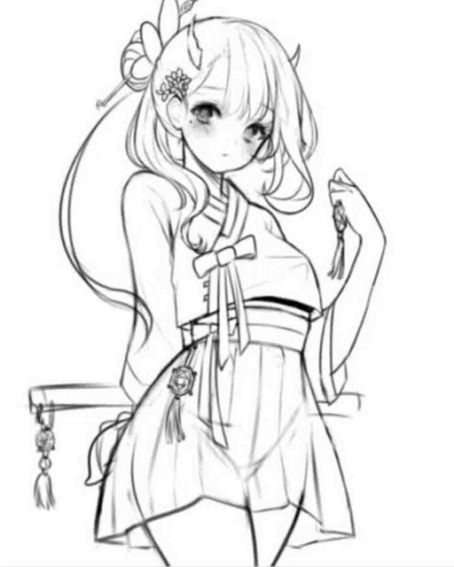 a black and white drawing of a girl in a kimono dress holding a key .