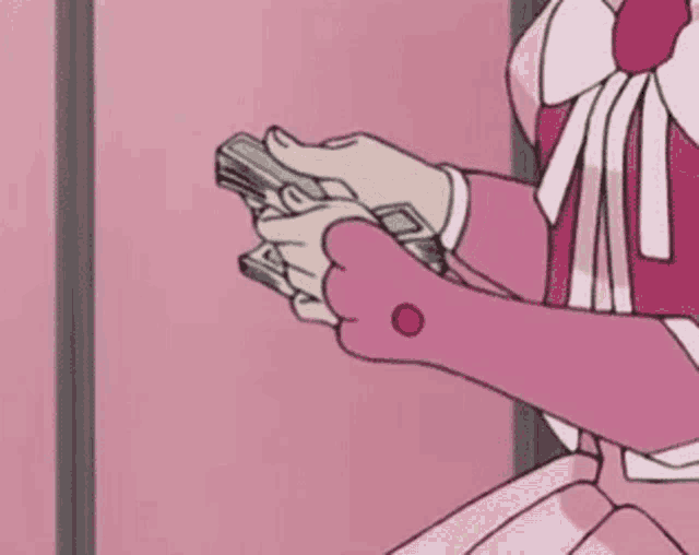a cartoon girl in a pink dress is holding a bunch of money in her hands .
