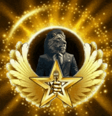 a picture of a lion in a suit with wings and a star
