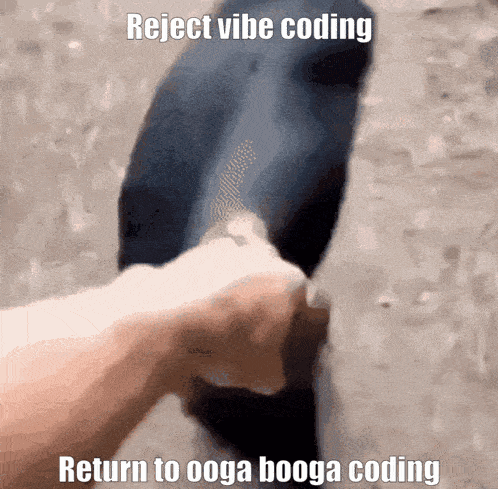 a person is holding a black object with the words reject vibe coding return to ooga booga coding below it