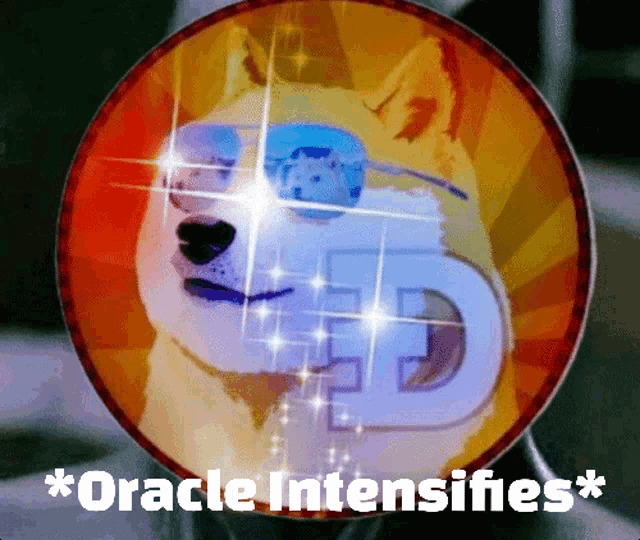 a picture of a doge wearing sunglasses with the words * oracle intensifies * below it