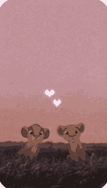 two lion cubs are sitting in a field with hearts in the sky above them