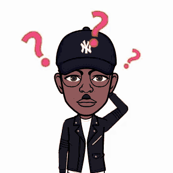 a cartoon of a man wearing a new york yankees hat with question marks around his head