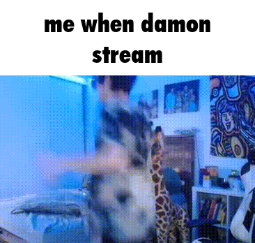 a gif of a person dancing with a stuffed giraffe and the words me when damon stream .