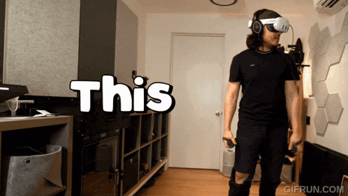 a man wearing a virtual reality headset and holding a controller says this