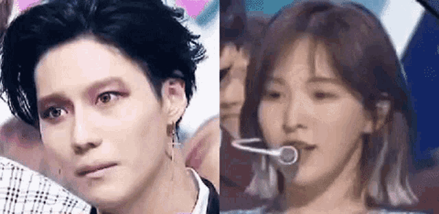 a close up of a man and a woman 's faces .