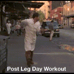 a man walking down a street with the words post leg day workout
