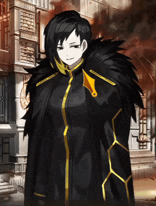 a black and gold anime character is standing in front of a building