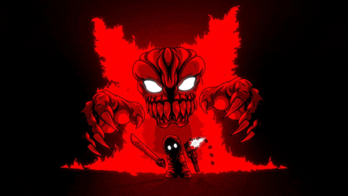 a person holding a knife in front of a monster