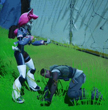 a man is kneeling down in the grass while a woman stands behind him