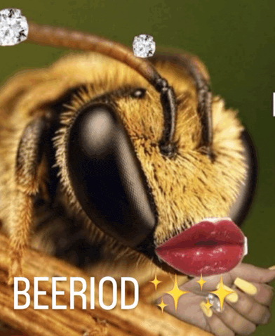 a close up of a bee with a woman 's hand and the word beeriod
