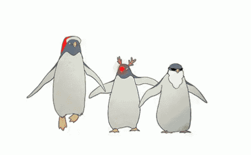 three penguins are standing next to each other wearing santa hats and reindeer antlers .