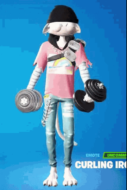 a cartoon cat is holding a pair of dumbbells and wearing a pink shirt