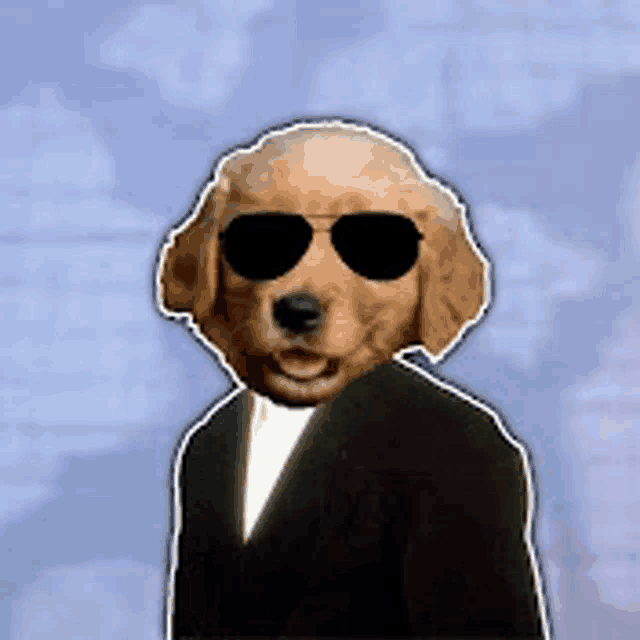 a picture of a dog wearing sunglasses and a tuxedo