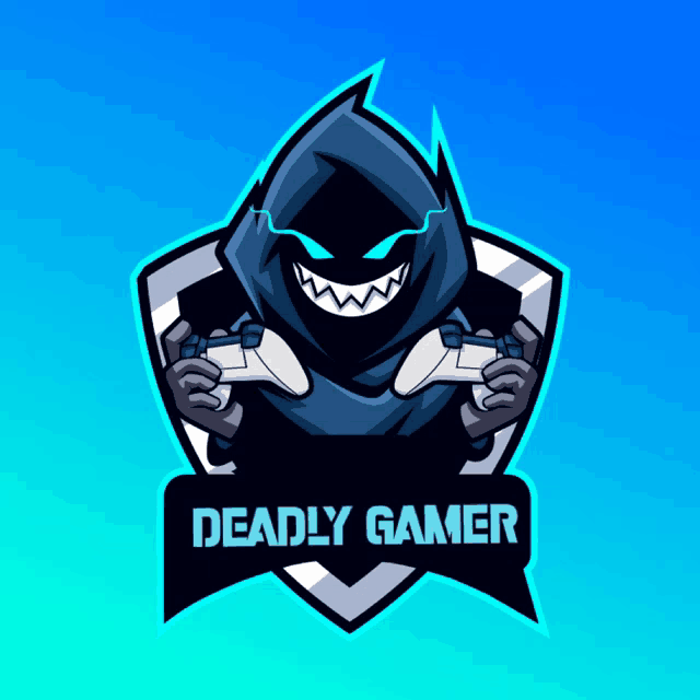 a logo for deadly gamer with a hooded figure holding a video game controller