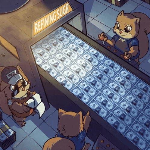 a cartoon illustration of two squirrels playing a game called refining sugr
