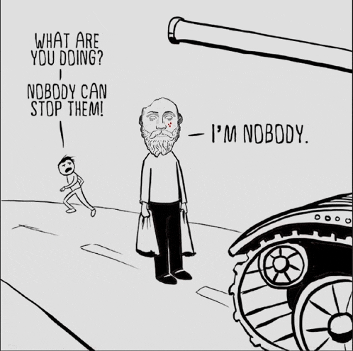 a cartoon of a man standing in front of a tank asking what are you doing nobody can stop them