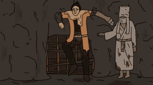 a cartoon drawing of a man sitting on a barrel and a man in a white robe