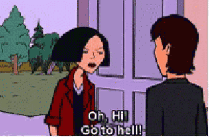 a cartoon of a man and a woman standing in front of a door with the words oh hi go to hell