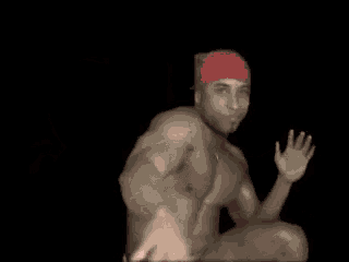 a shirtless man wearing a red bandana and american flag underwear is making a stop gesture .