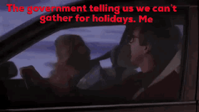 a man in a car with the words " the government telling us we can 't gather for holidays me " below him