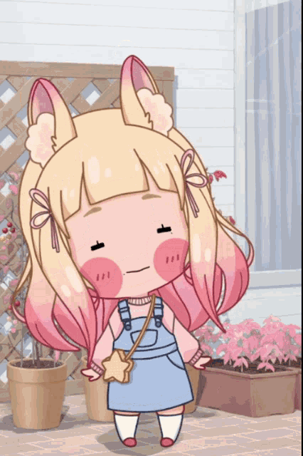 a cartoon girl with blonde hair and pink highlights is standing in front of a window