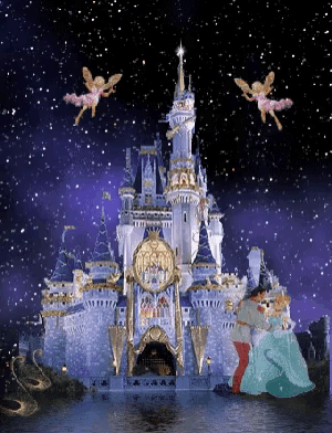 cinderella and prince charming are kissing in front of the castle