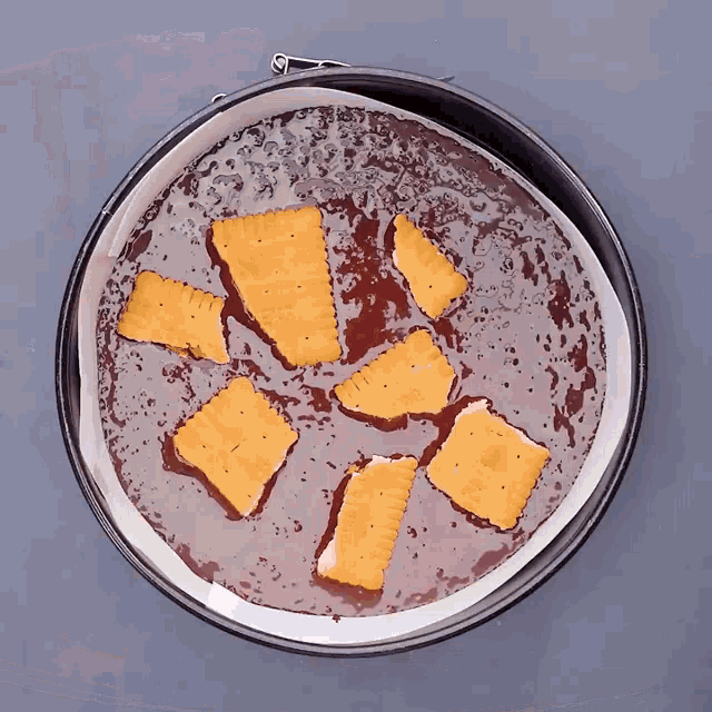 a pan filled with a chocolate sauce and crackers on top