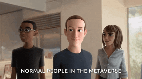 a group of cartoon characters are standing next to each other with the words normal people in the metaverse above them