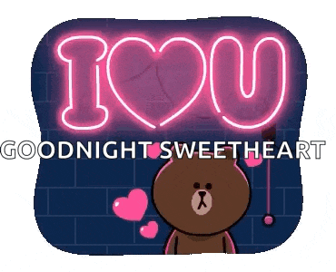 a brown bear is standing in front of a neon sign that says `` i love u '' .