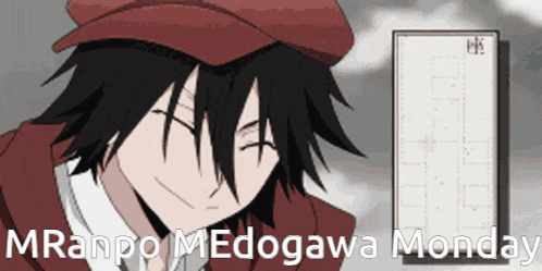 a man wearing a red hat with the words mranpo medogawa monday